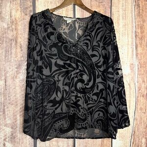 Tanjay velvet burnout long sleeve v neck blouse 16